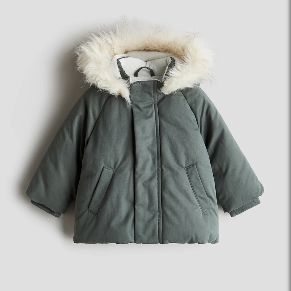 H&M faux fur baby puffer coat with removable hood White and Green Jacket